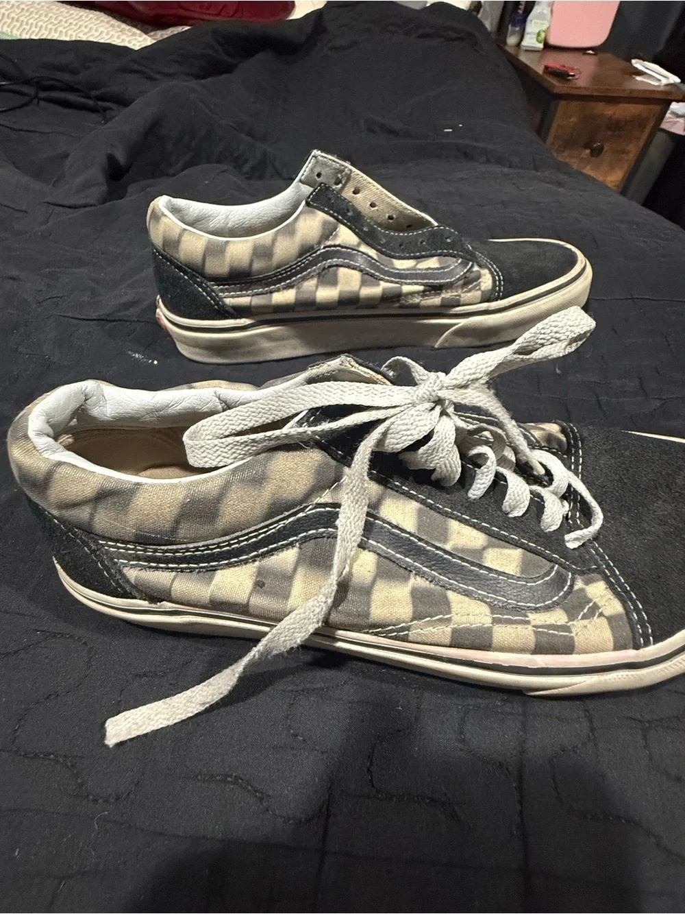 Vans Men's Black and Cream Checkerboard Low-Top Sneakers